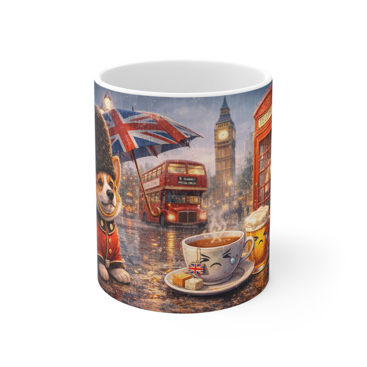 London Corgi Tea Mug — Cute Union Jack Rainy City Scene 11oz Ceramic