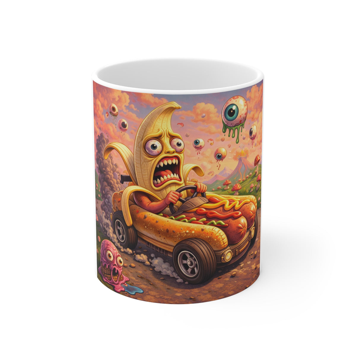 Hot Dog Banana Racer Mug — Whimsical Surreal Retro Art Coffee Cup