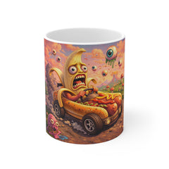 Hot Dog Banana Racer Mug — Whimsical Surreal Retro Art Coffee Cup
