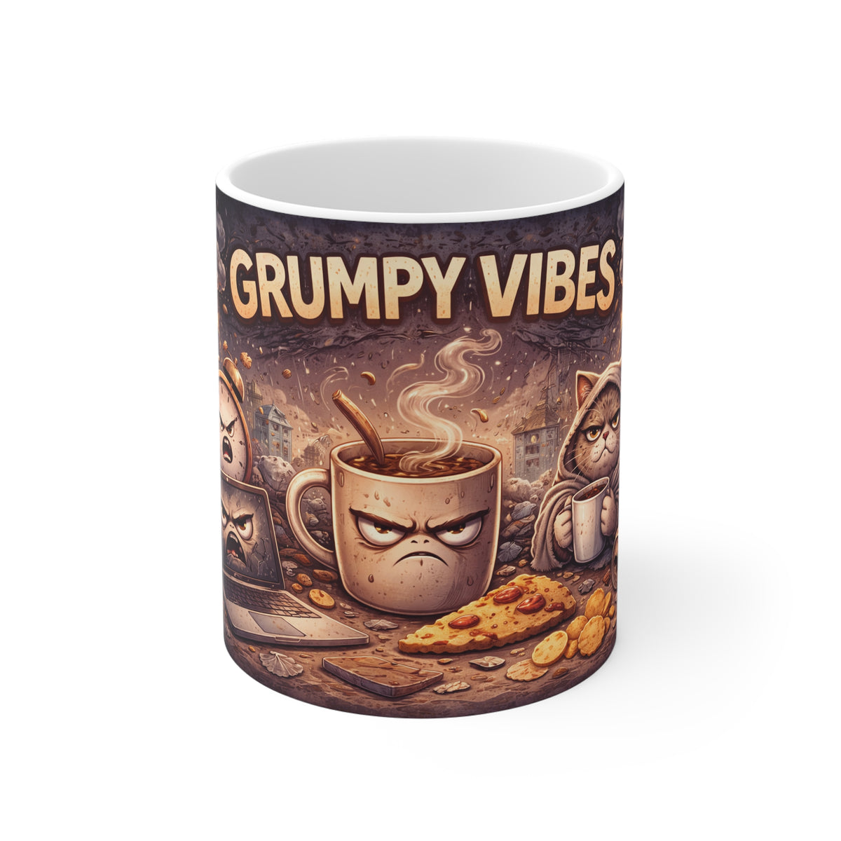 Grumpy Vibes Coffee Mug — Funny Cat & Coffee 11oz Ceramic Mug