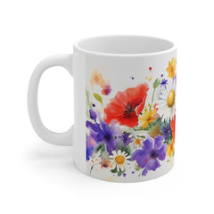 Wildflower Bouquet Mug — Watercolor Poppies & Daisies Coffee Cup