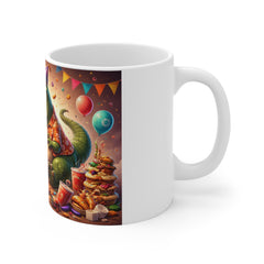 Party Dino Mug — Funny T-Rex Eating Pizza & Burger Coffee Cup